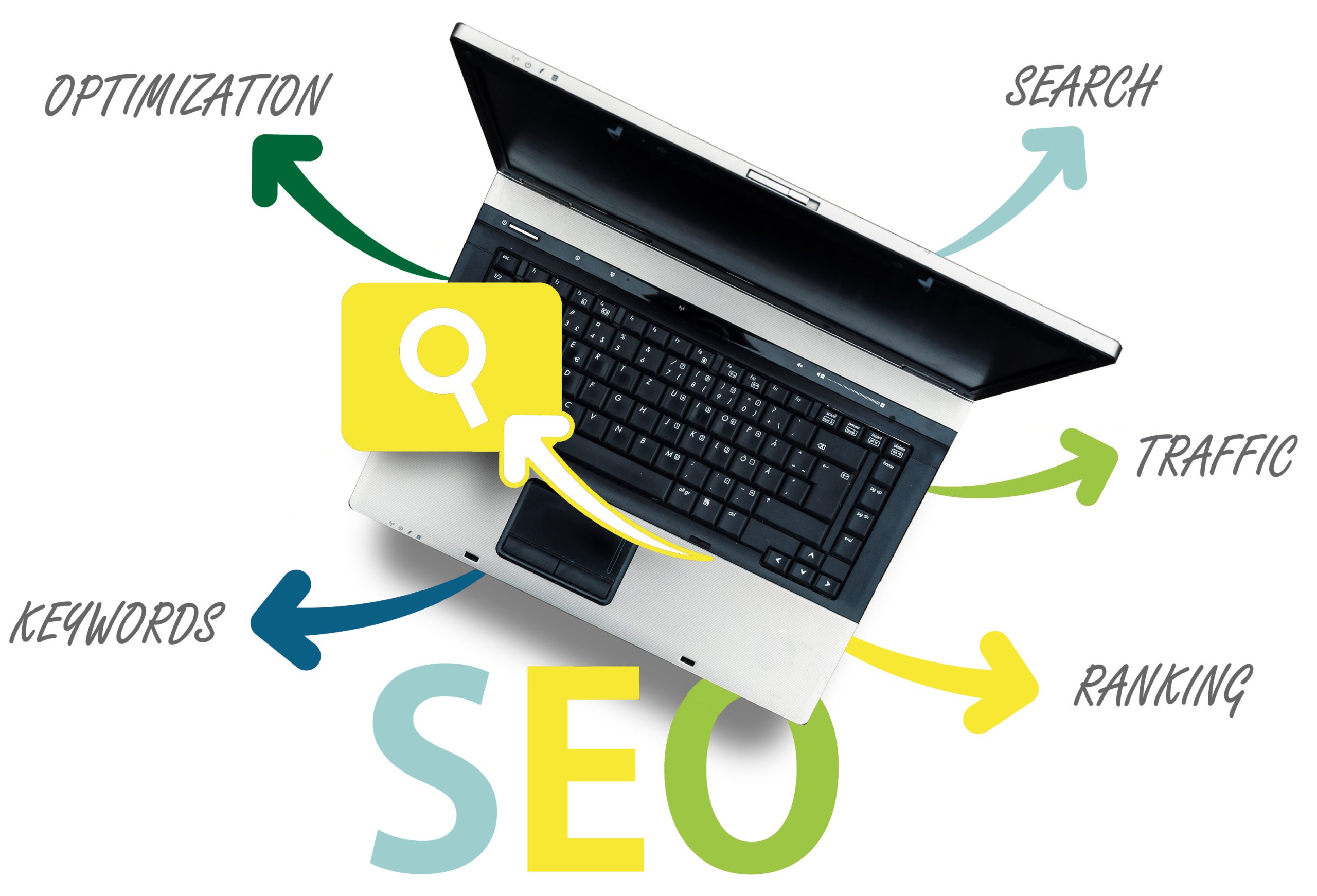 Seo optimization. Laptop on SEO word on white isolated backgroun